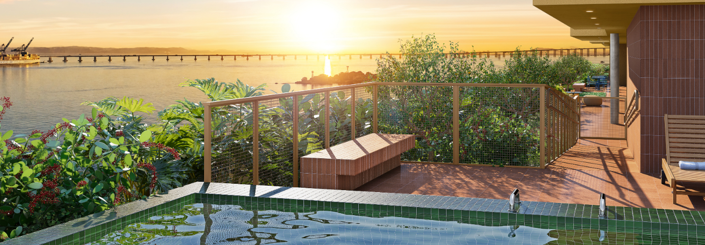 Piscina no rooftop com vista para a Baía de Guanabara - Erê Residencial