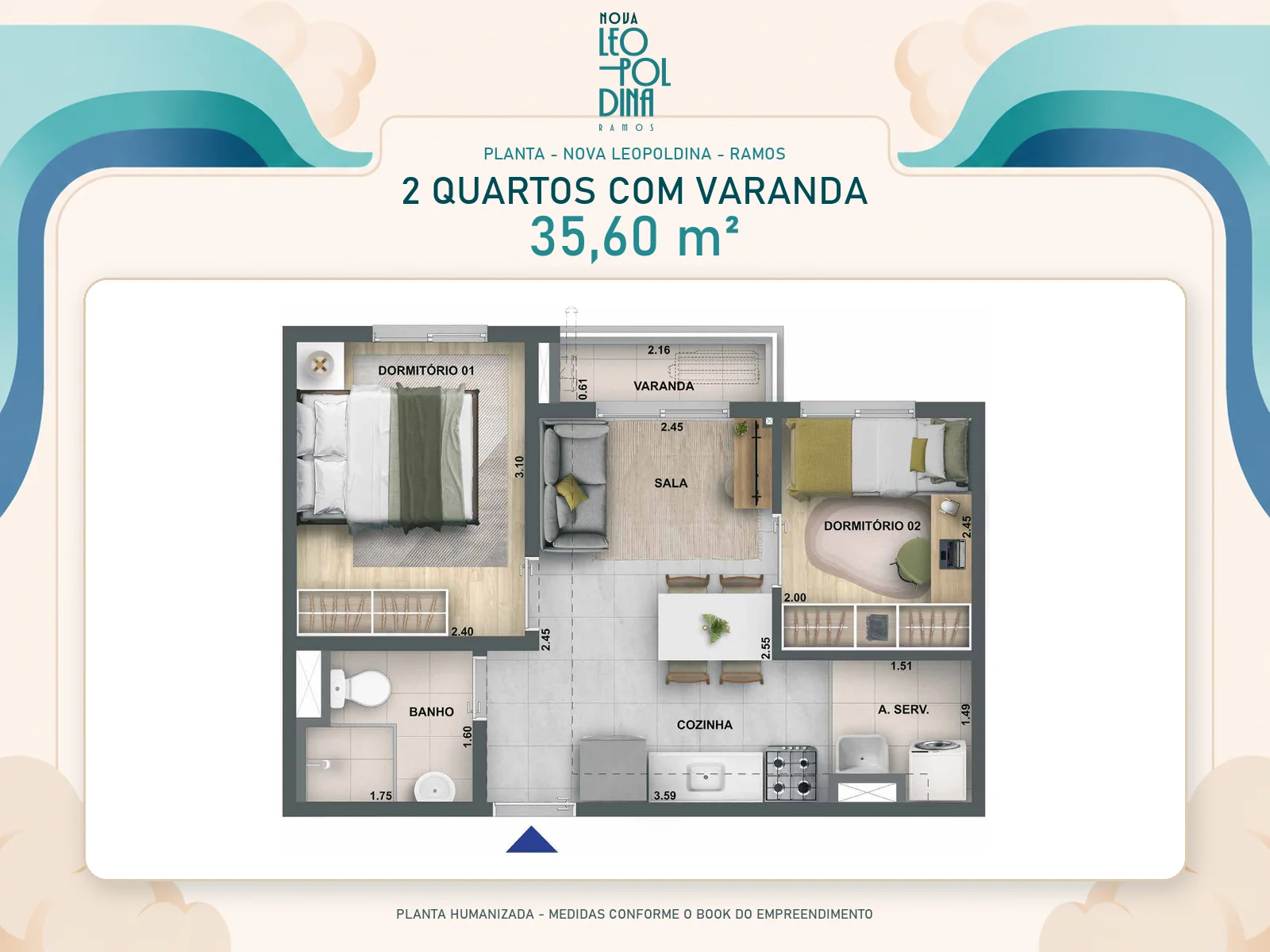 Planta 2 quartos com varanda, 35,60m²