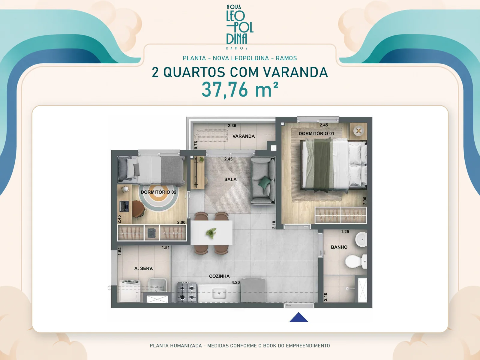 Planta 2 quartos com varanda, 37,76m²