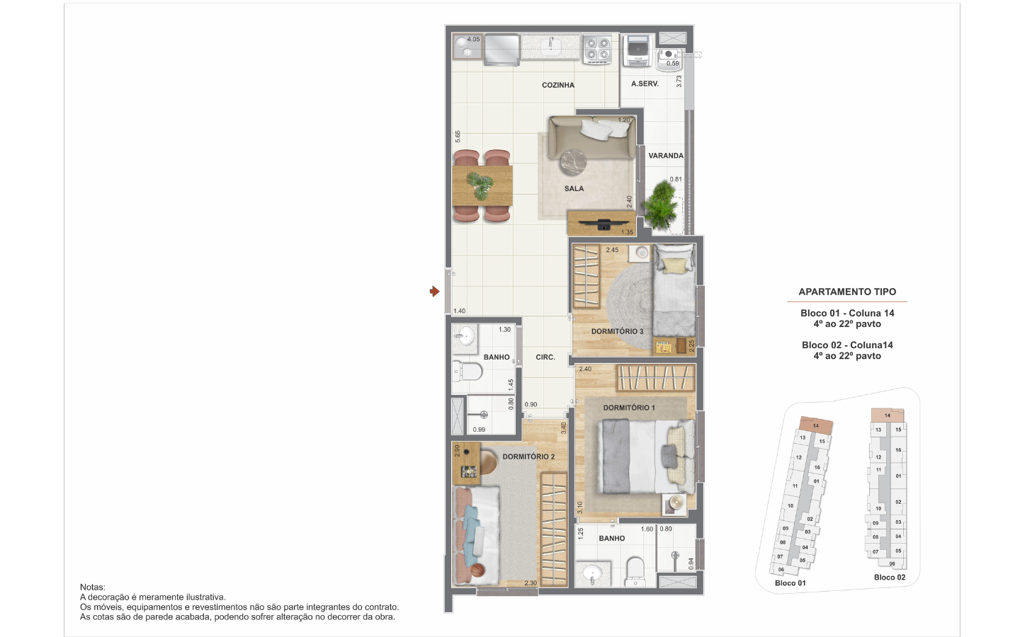 Planta 2 quartos com 2 suítes - The Pier Residencial