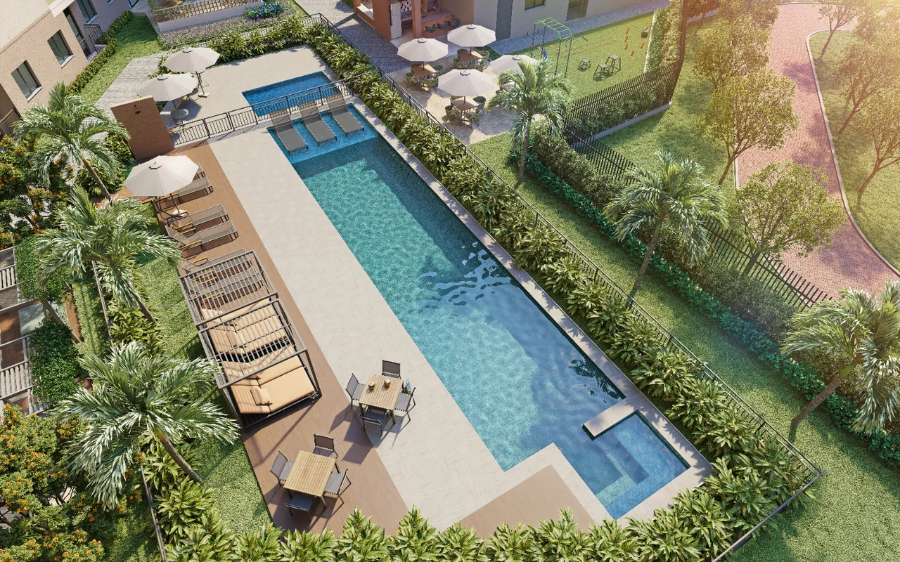 Vista aérea das piscinas do Residencial Dona Ivone Lara