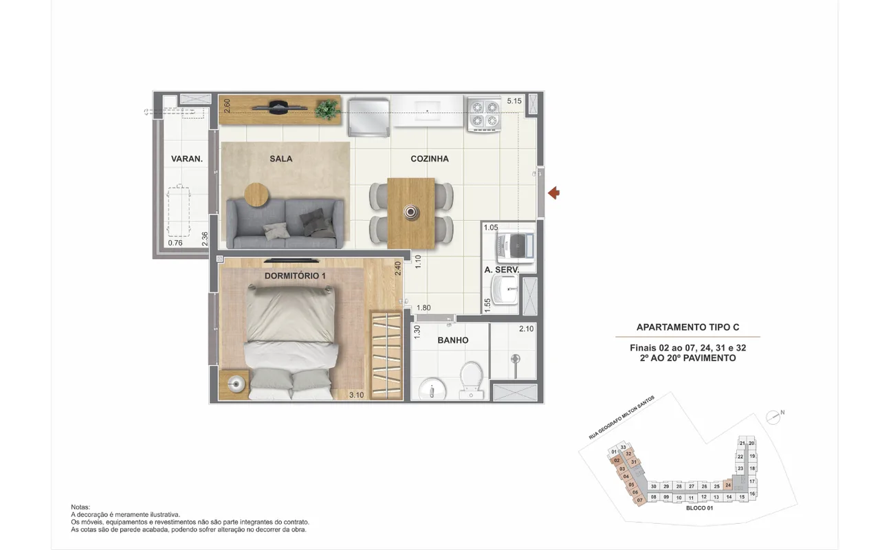 Planta 1 quarto com varanda, tipo C