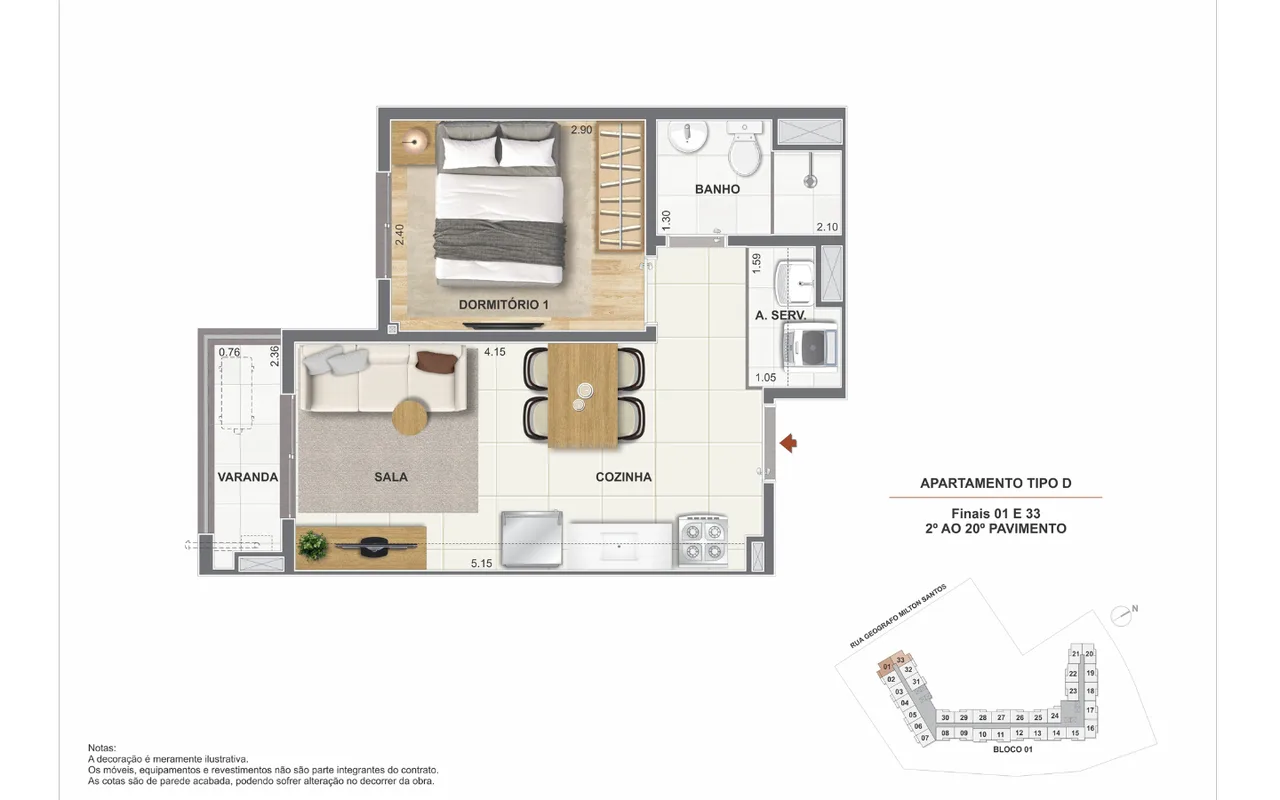 Planta 1 quarto com varanda, tipo D